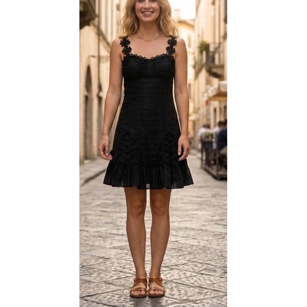 Max Studio Black Cotton Silk Ruffle Lace Strap Ruched  Dress Womens